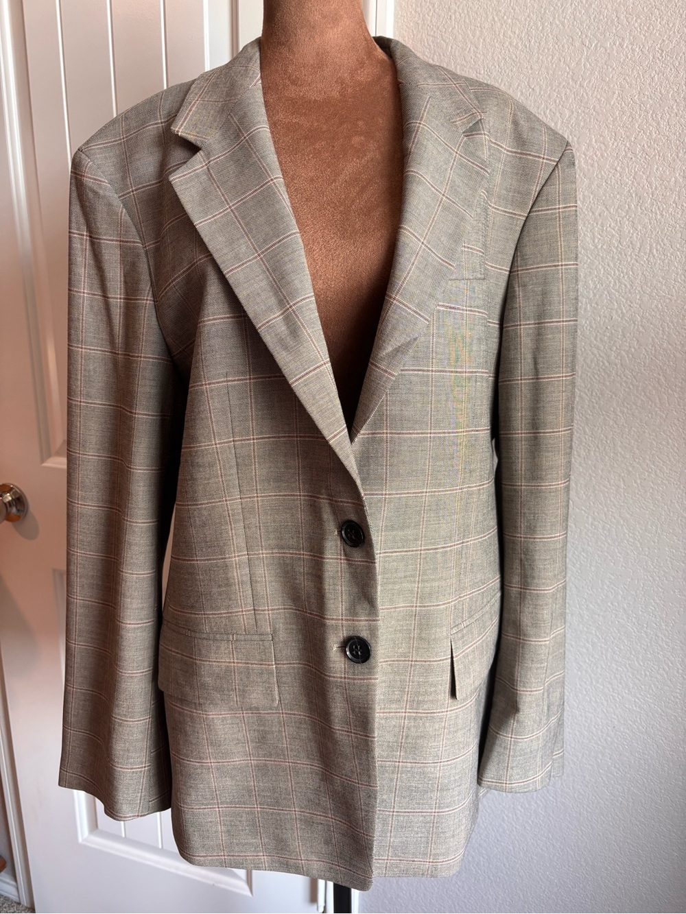 FRAME Women’s Plaid Windowpane Blazer L Gray Taupe Red Tailored
